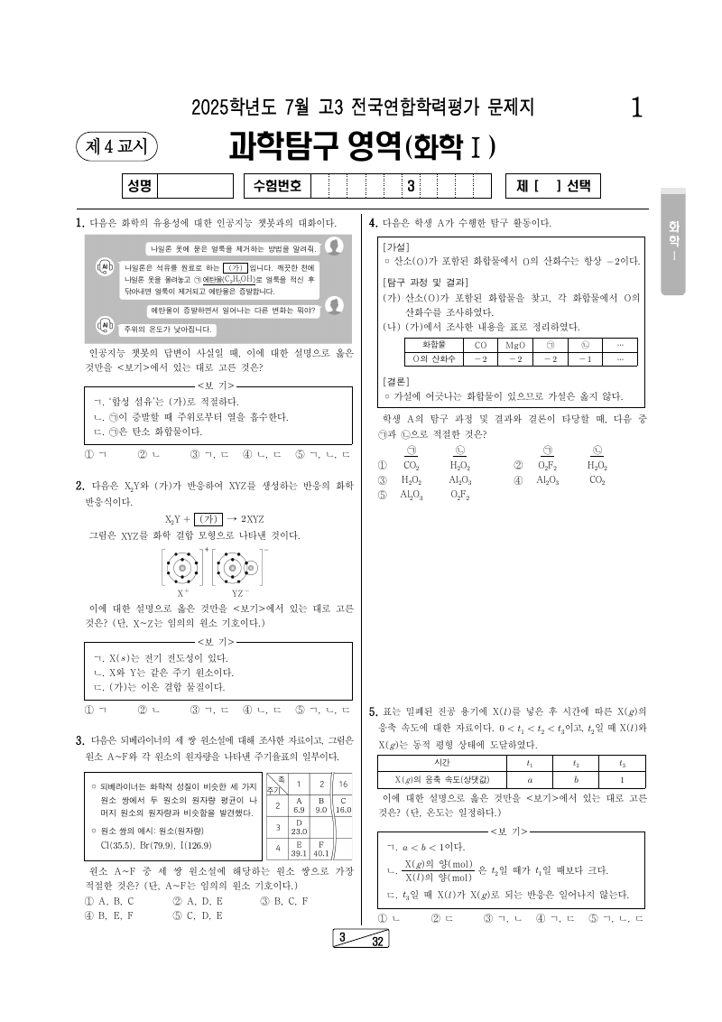 2025년 7월 고3 학력평가 화학1 시험지 첫 페이지