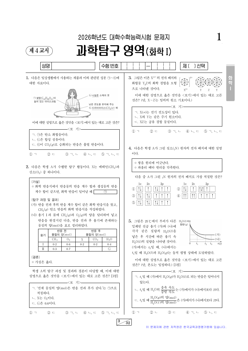 2026학년도 대학수학능력시험 화학1 시험지 첫 페이지