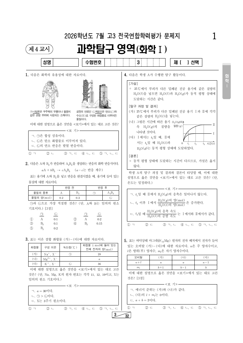 2026년 7월 고3 학력평가 화학1 시험지 첫 페이지