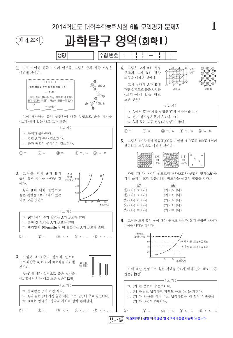 2014학년도 6월 모의평가 화학2 시험지 첫 페이지