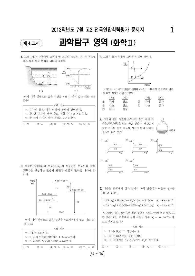 2013년 7월 고3 학력평가 화학2 시험지 첫 페이지