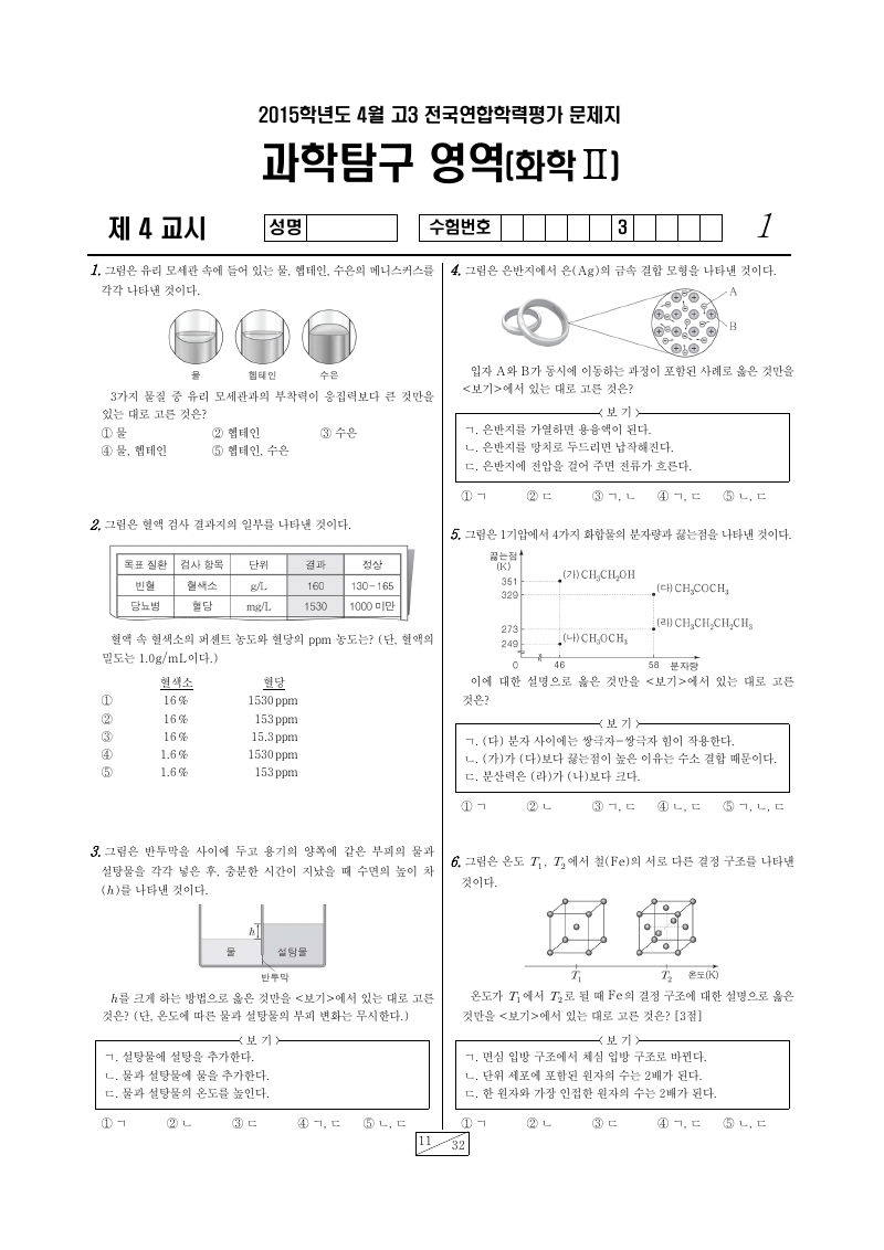 2015년 4월 고3 학력평가 화학2 시험지 첫 페이지