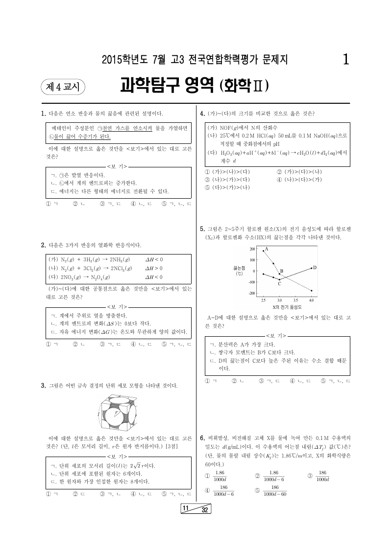 2015년 7월 고3 학력평가 화학2 시험지 첫 페이지
