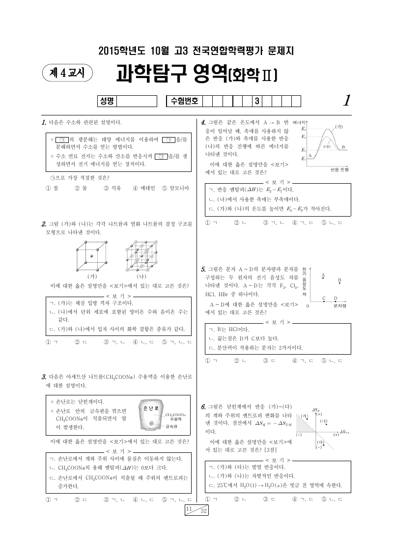 2015년 10월 고3 학력평가 화학2 시험지 첫 페이지