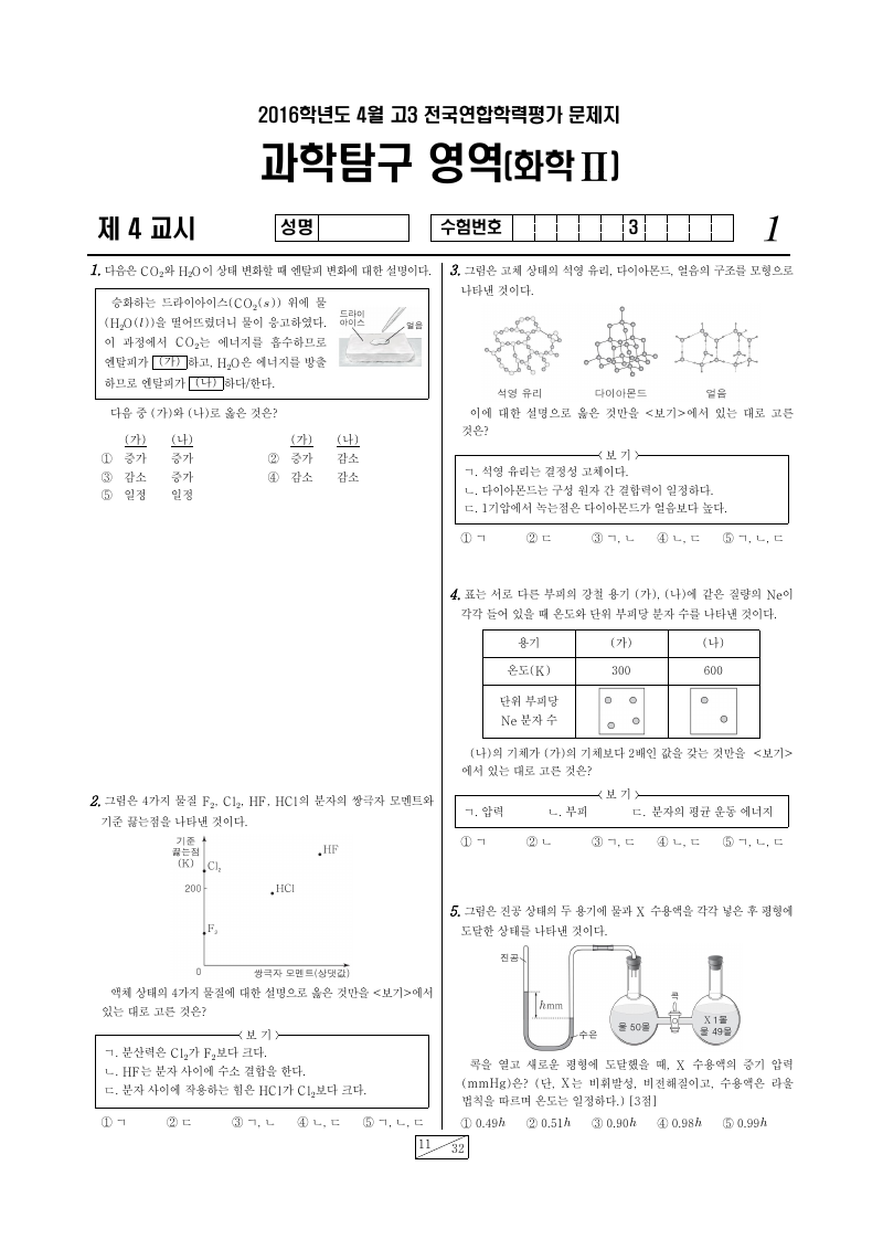 2016년 4월 고3 학력평가 화학2 시험지 첫 페이지