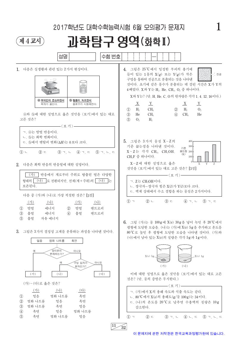 2017학년도 6월 모의평가 화학2 시험지 첫 페이지