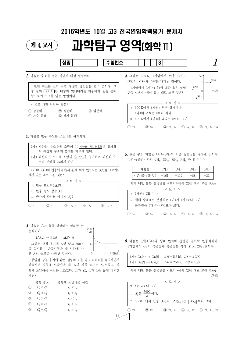 2016년 10월 고3 학력평가 화학2 시험지 첫 페이지