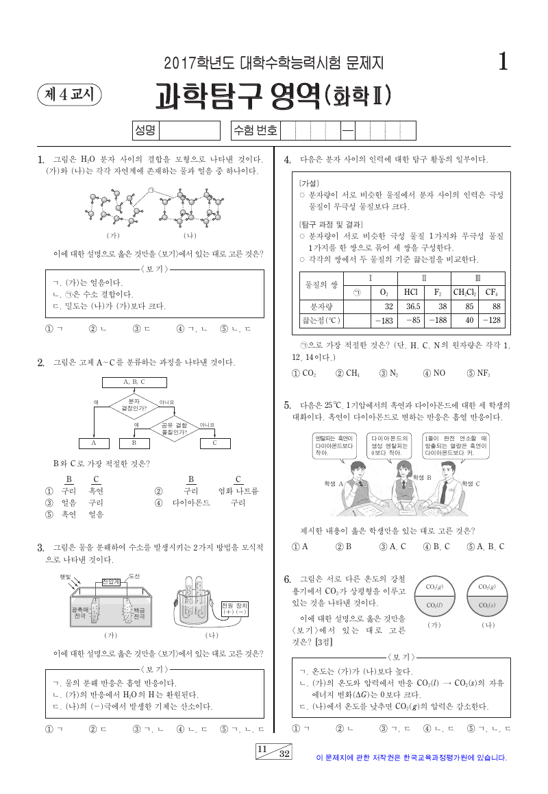 2017학년도 대학수학능력시험 화학2 시험지 첫 페이지