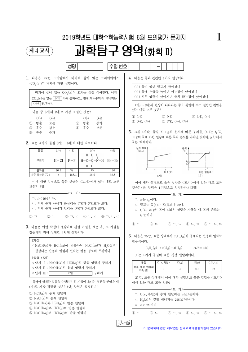 2019학년도 6월 모의평가 화학2 시험지 첫 페이지