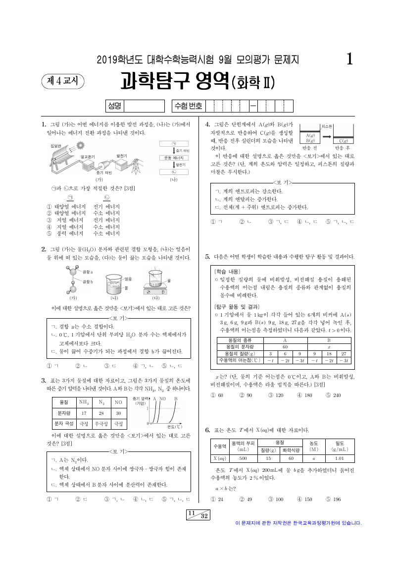 2019학년도 9월 모의평가 화학2 시험지 첫 페이지
