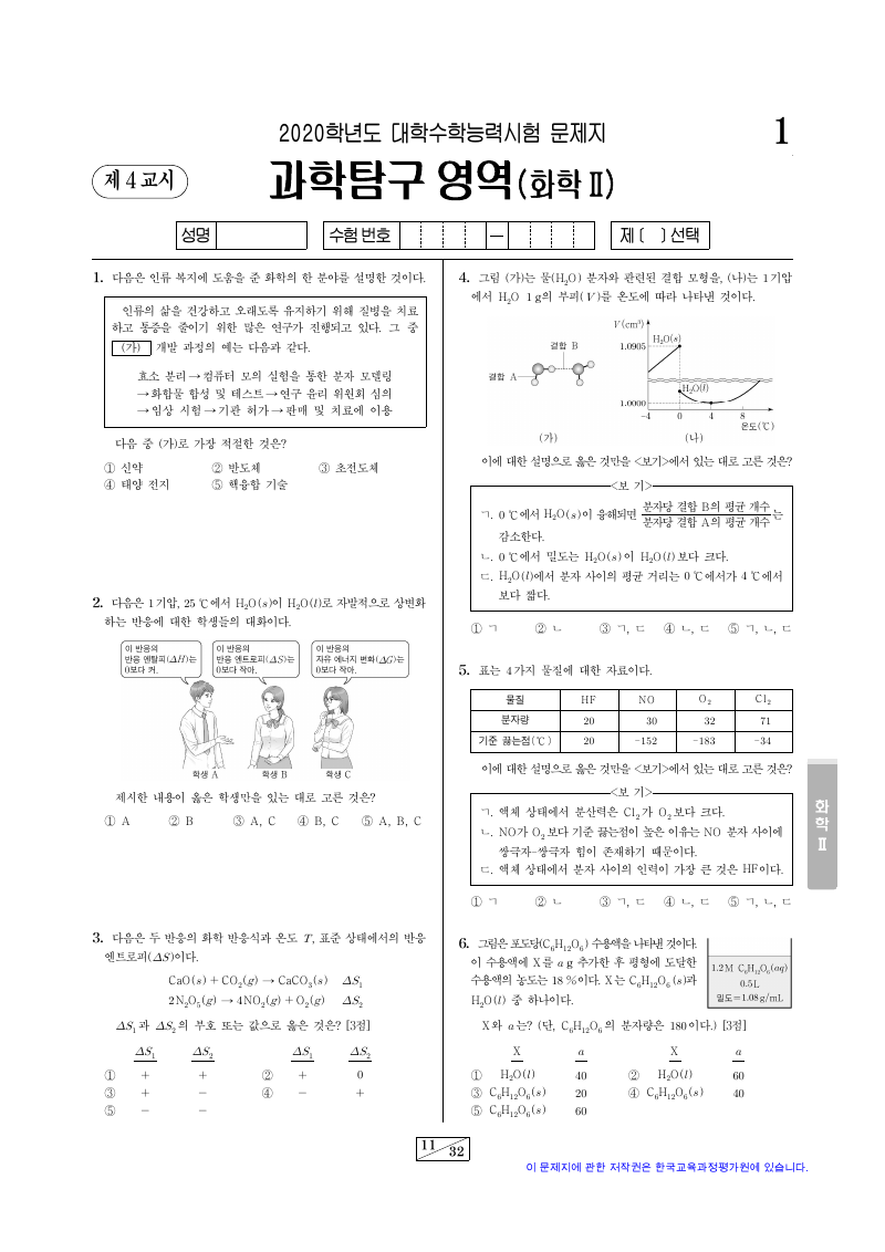 2020학년도 대학수학능력시험 화학2 시험지 첫 페이지