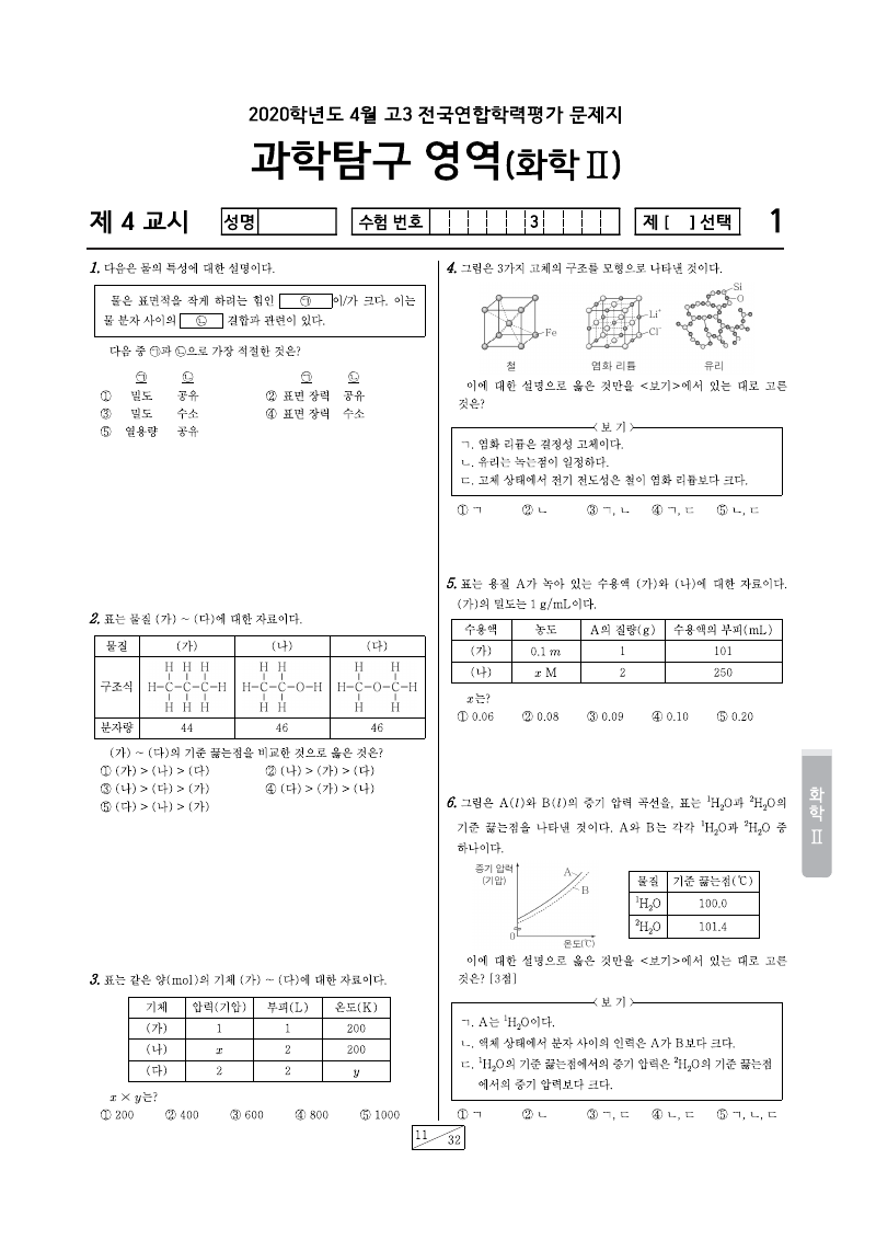 2020년 4월 고3 학력평가 화학2 시험지 첫 페이지