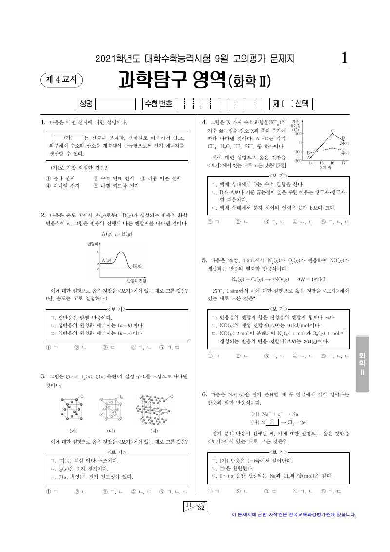 2021학년도 9월 모의평가 화학2 시험지 첫 페이지