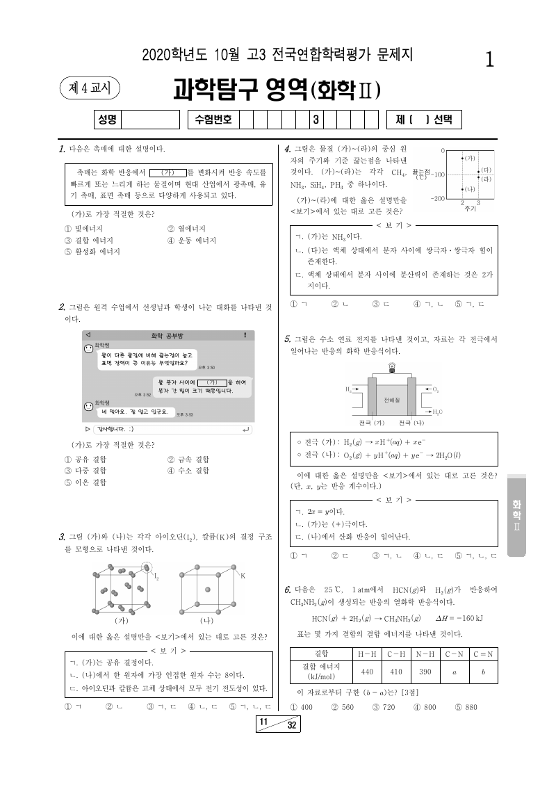 2020년 10월 고3 학력평가 화학2 시험지 첫 페이지