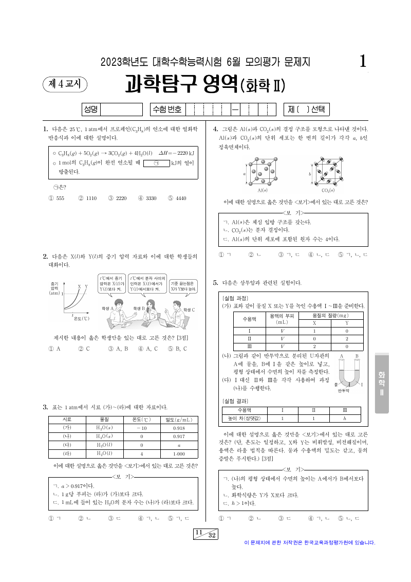 2023학년도 6월 모의평가 화학2 시험지 첫 페이지