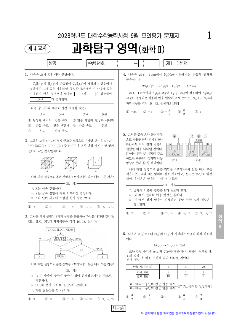 2023학년도 9월 모의평가 화학2 시험지 첫 페이지