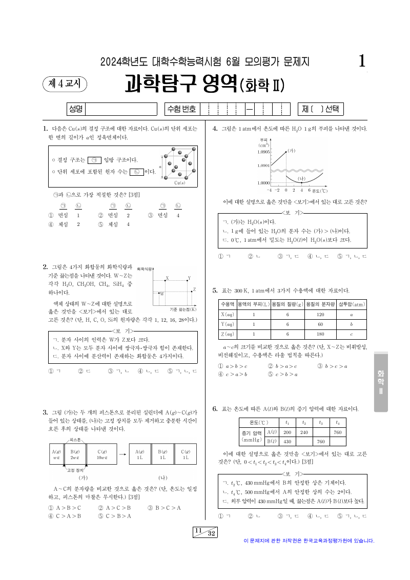 2024학년도 6월 모의평가 화학2 시험지 첫 페이지