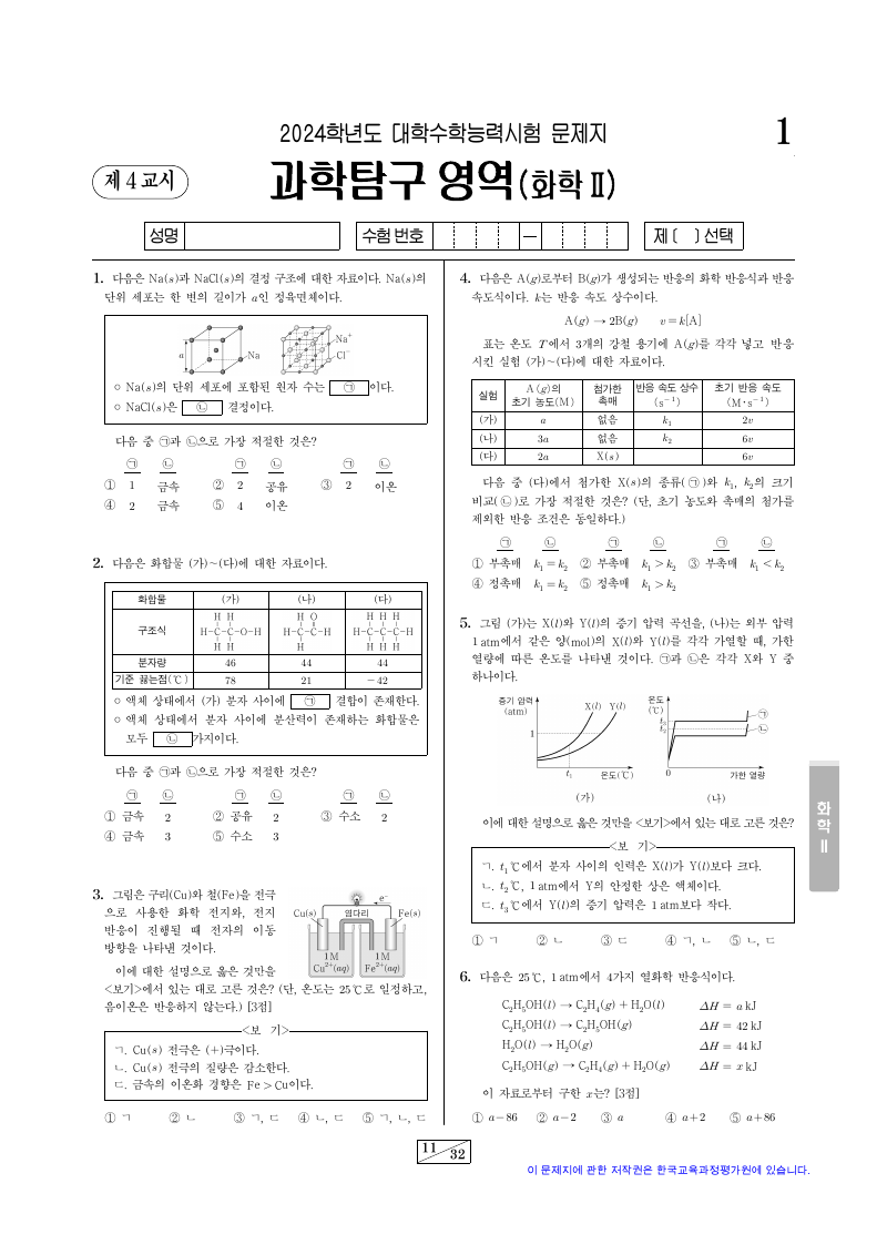 2024학년도 대학수학능력시험 화학2 시험지 첫 페이지