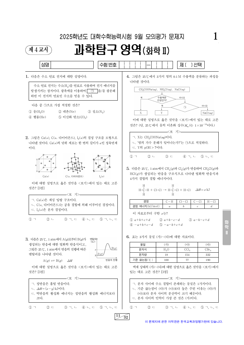 2025학년도 9월 모의평가 화학2 시험지 첫 페이지
