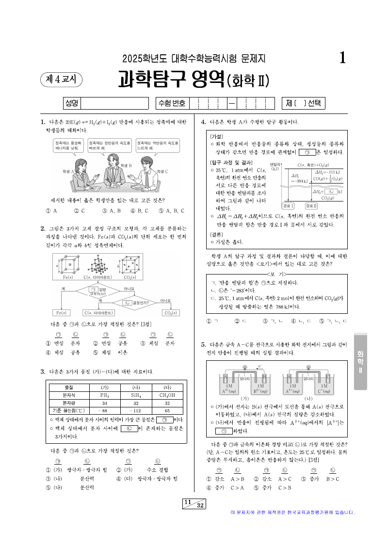 2025학년도 대학수학능력시험 화학2 시험지 첫 페이지