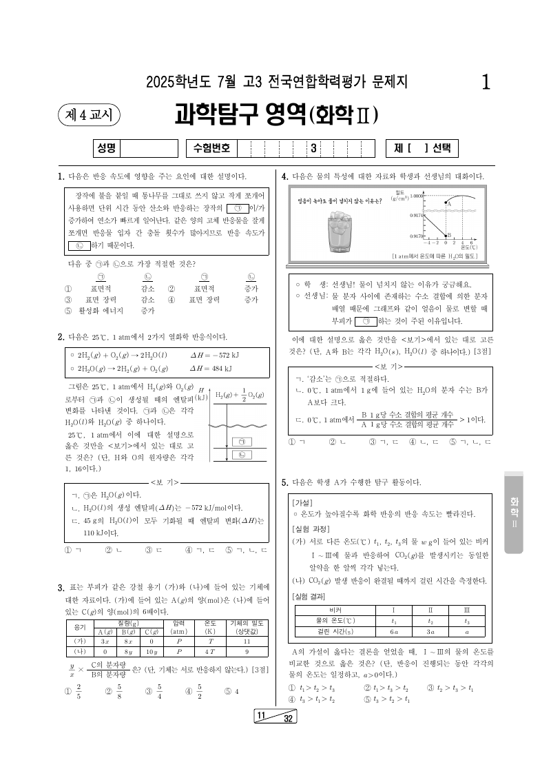2025년 7월 고3 학력평가 화학2 시험지 첫 페이지