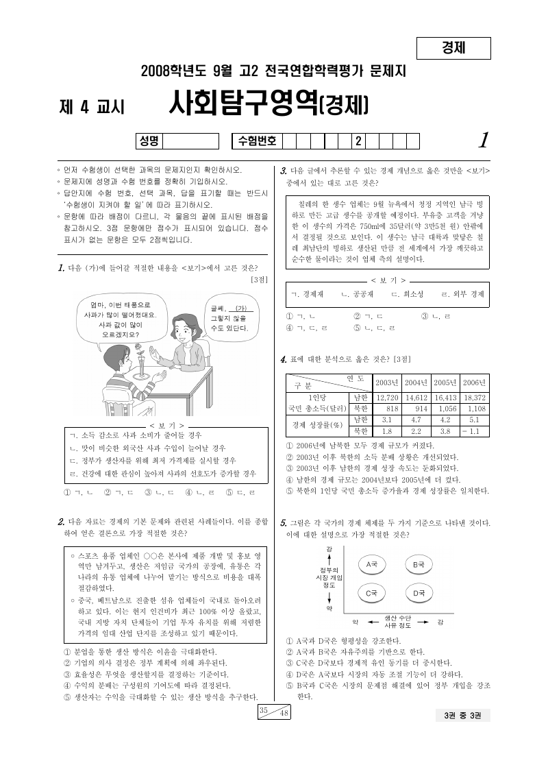 2008년 9월 고2 학력평가 경제 시험지 첫 페이지