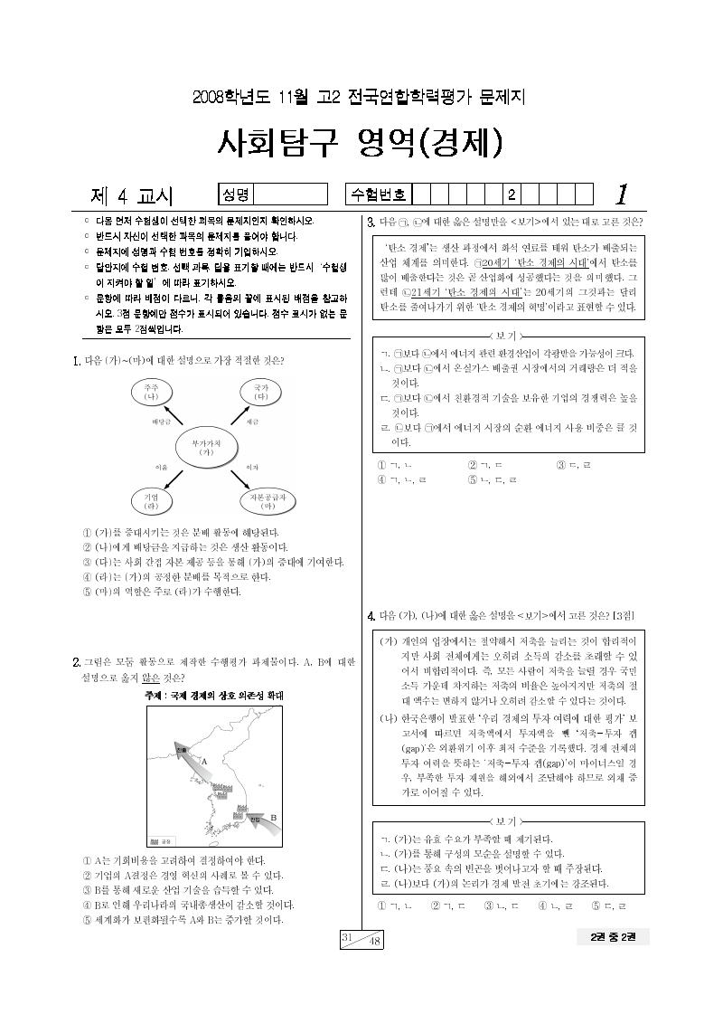 2008년 11월 고2 학력평가 경제 시험지 첫 페이지