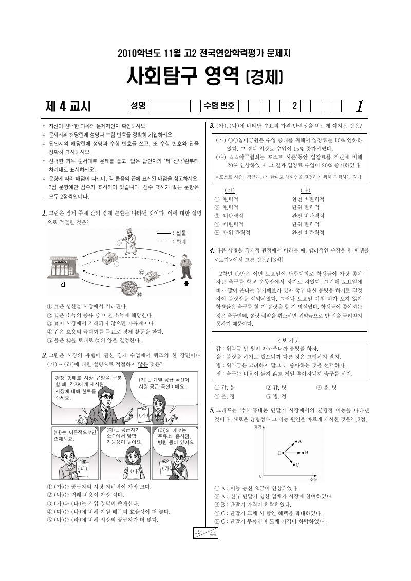 2010년 11월 고2 학력평가 경제 시험지 첫 페이지