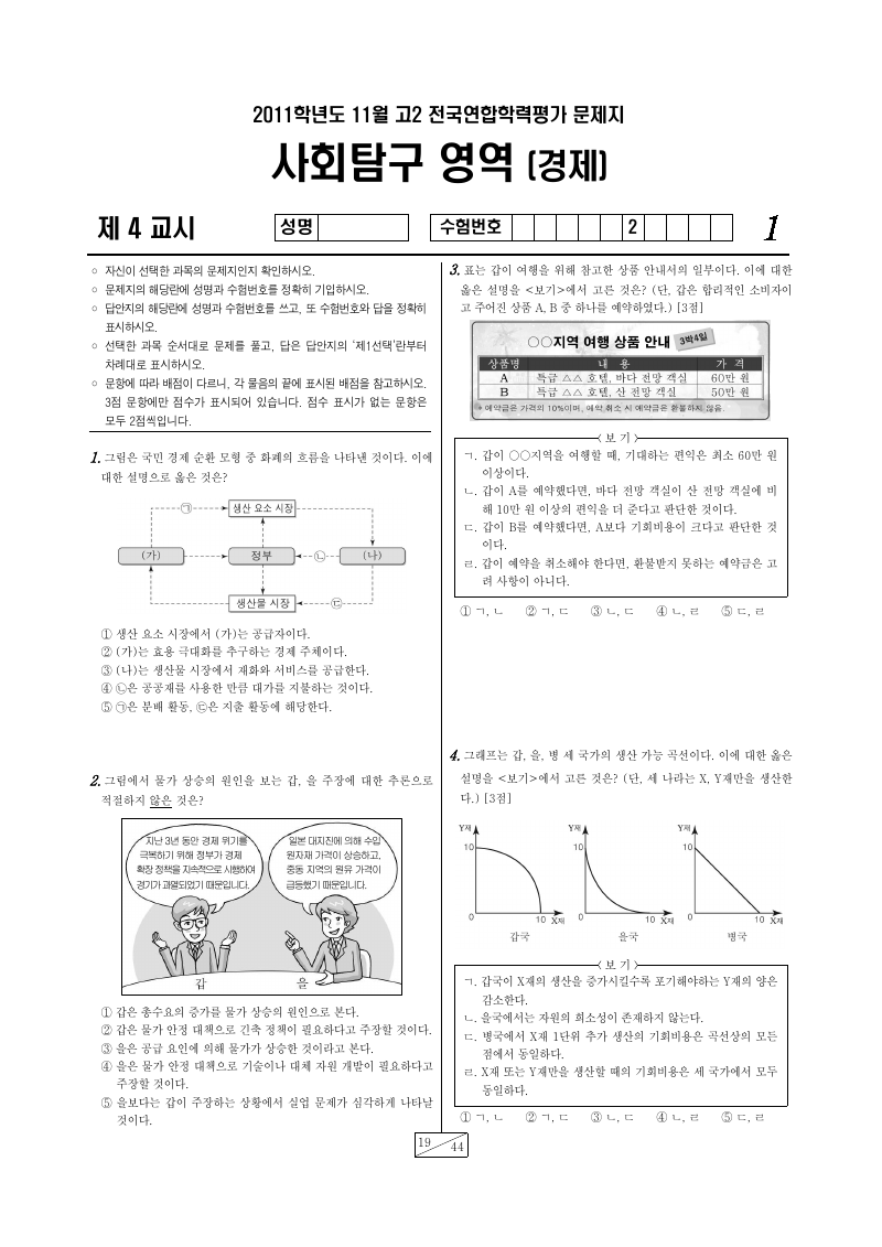 2011년 11월 고2 학력평가 경제 시험지 첫 페이지