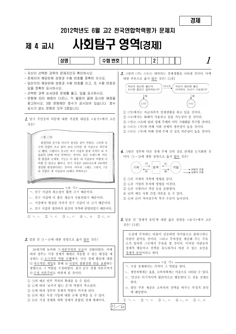 2012년 6월 고2 학력평가 경제 시험지 첫 페이지