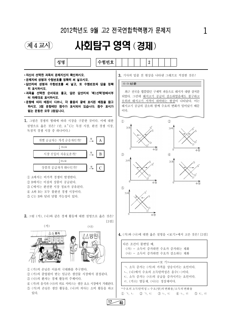 2012년 9월 고2 학력평가 경제 시험지 첫 페이지