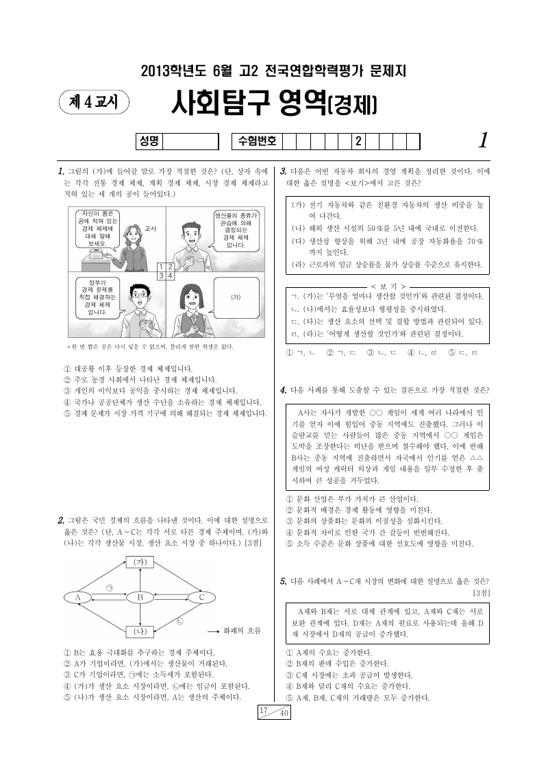 2013년 6월 고2 학력평가 경제 시험지 첫 페이지