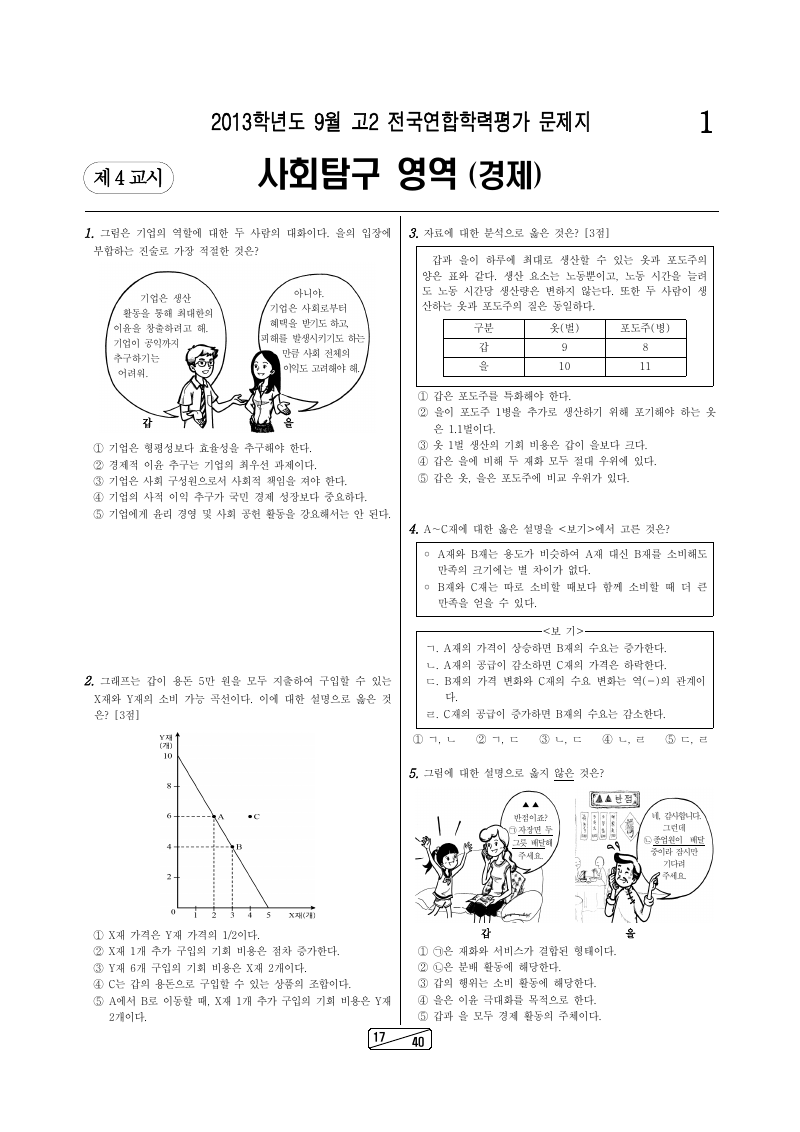 2013년 9월 고2 학력평가 경제 시험지 첫 페이지