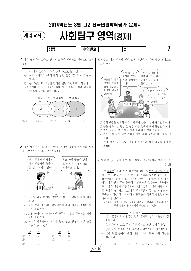 2014년 3월 고2 학력평가 경제 시험지 첫 페이지
