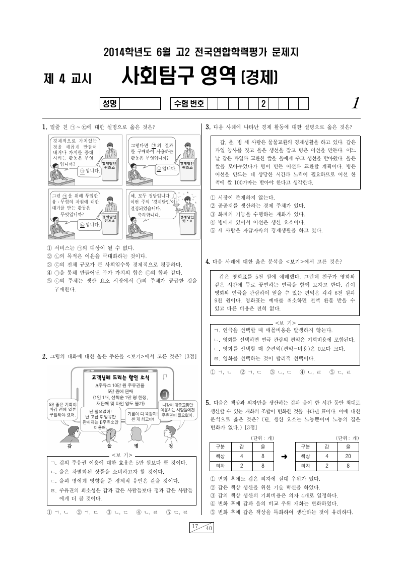2014년 6월 고2 학력평가 경제 시험지 첫 페이지