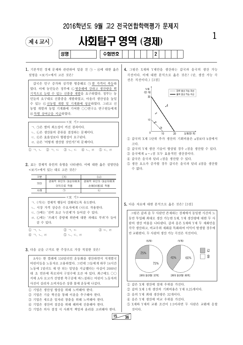 2016년 9월 고2 학력평가 경제 시험지 첫 페이지