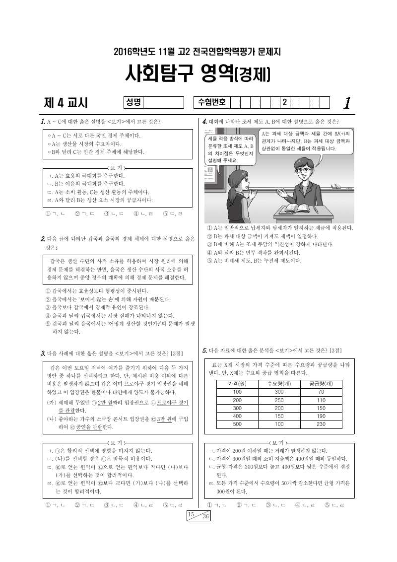 2016년 11월 고2 학력평가 경제 시험지 첫 페이지