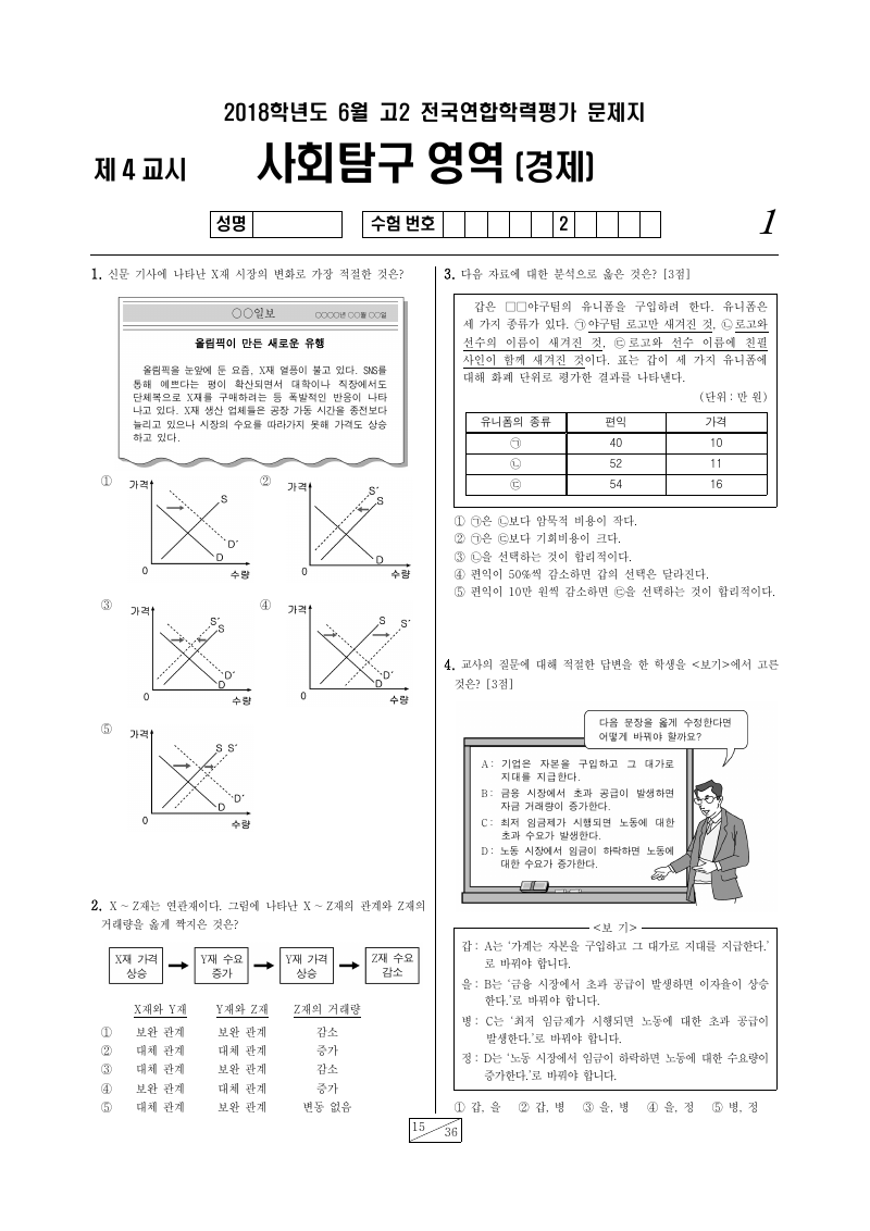 2018년 6월 고2 학력평가 경제 시험지 첫 페이지