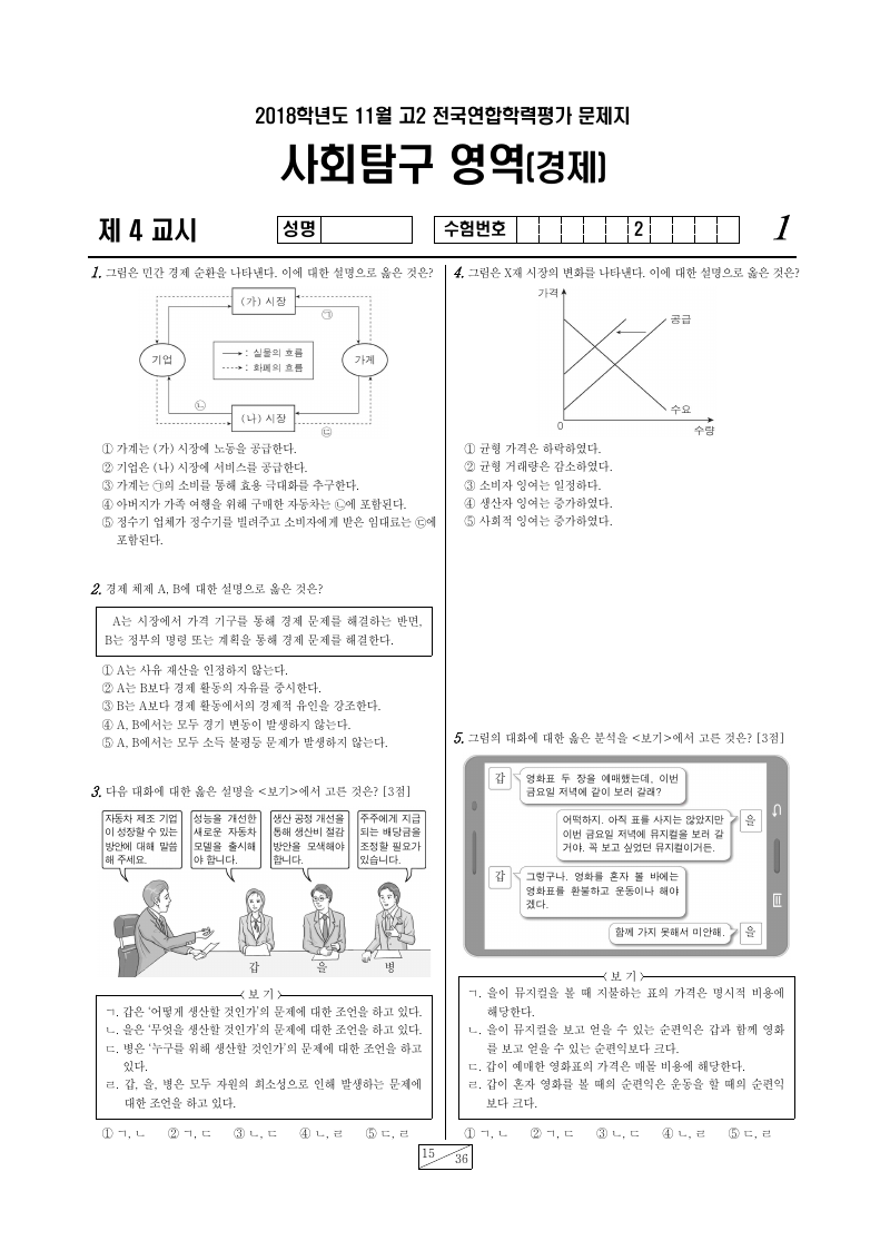 2018년 11월 고2 학력평가 경제 시험지 첫 페이지
