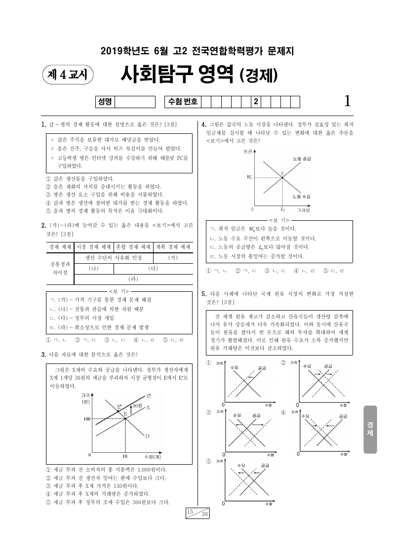 2019년 6월 고2 학력평가 경제 시험지 첫 페이지