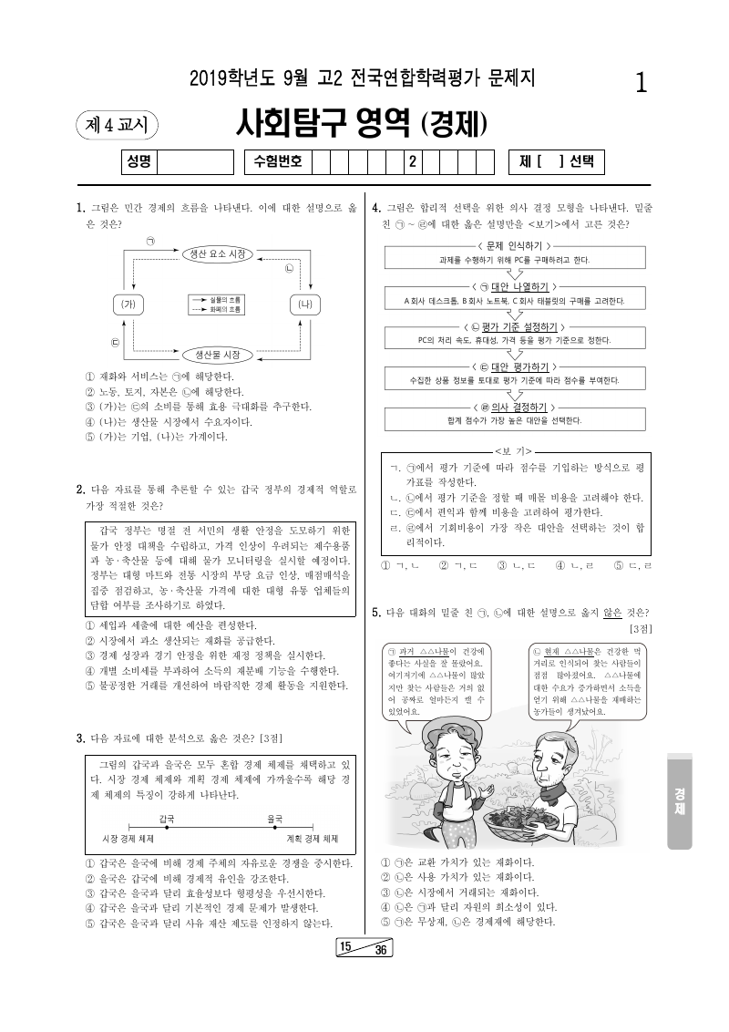 2019년 9월 고2 학력평가 경제 시험지 첫 페이지