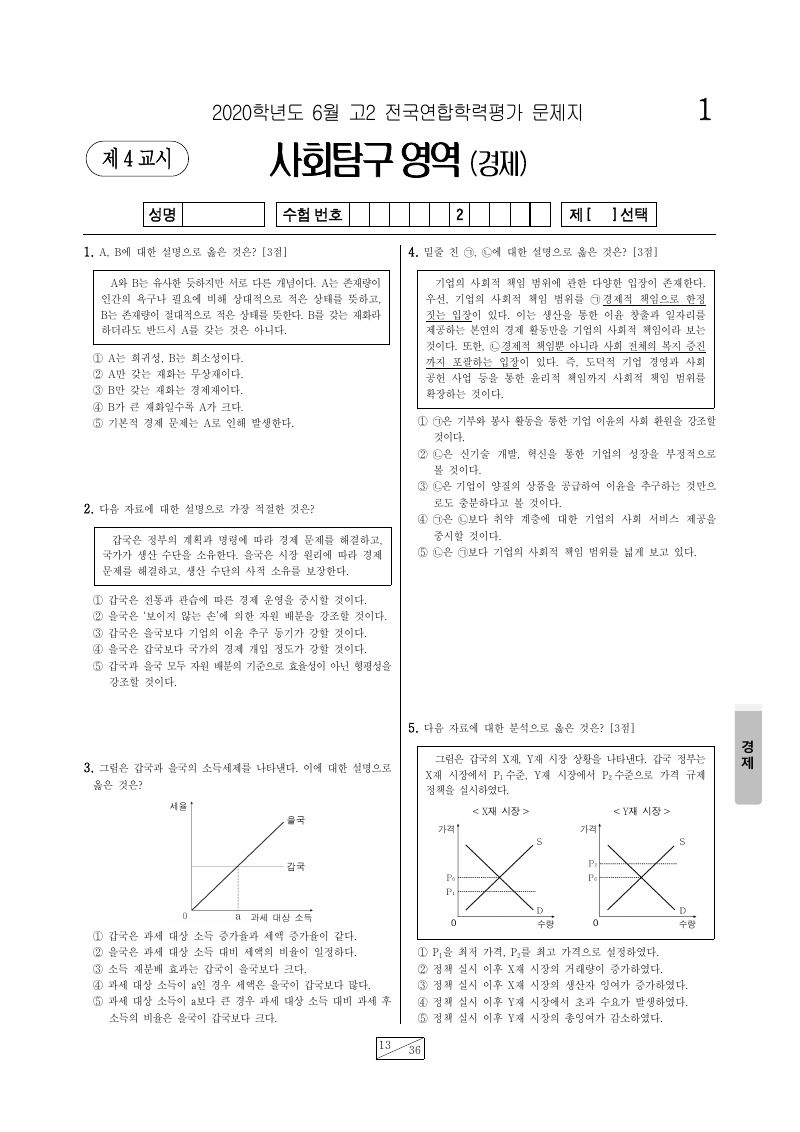 2020년 6월 고2 학력평가 경제 시험지 첫 페이지