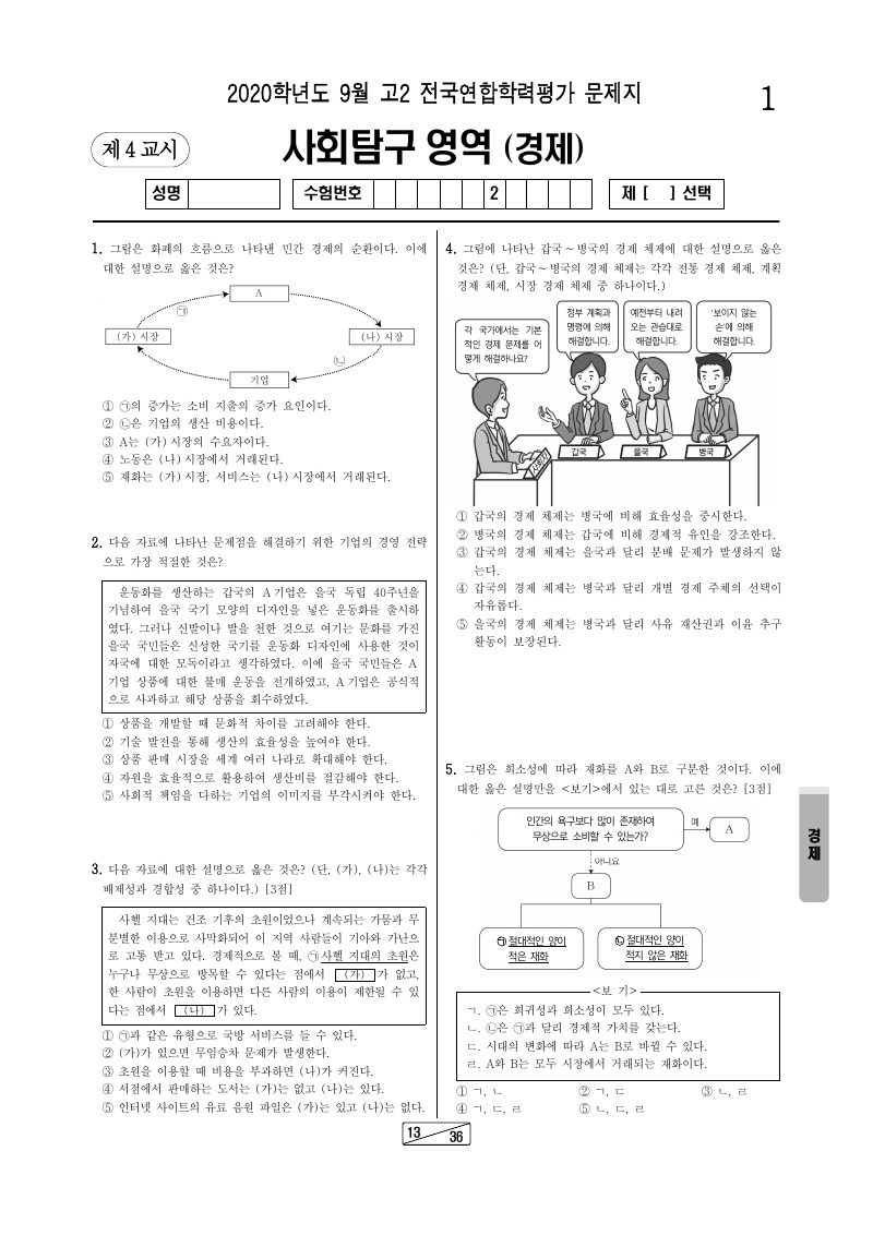 2020년 9월 고2 학력평가 경제 시험지 첫 페이지