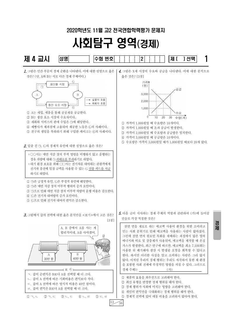 2020년 11월 고2 학력평가 경제 시험지 첫 페이지