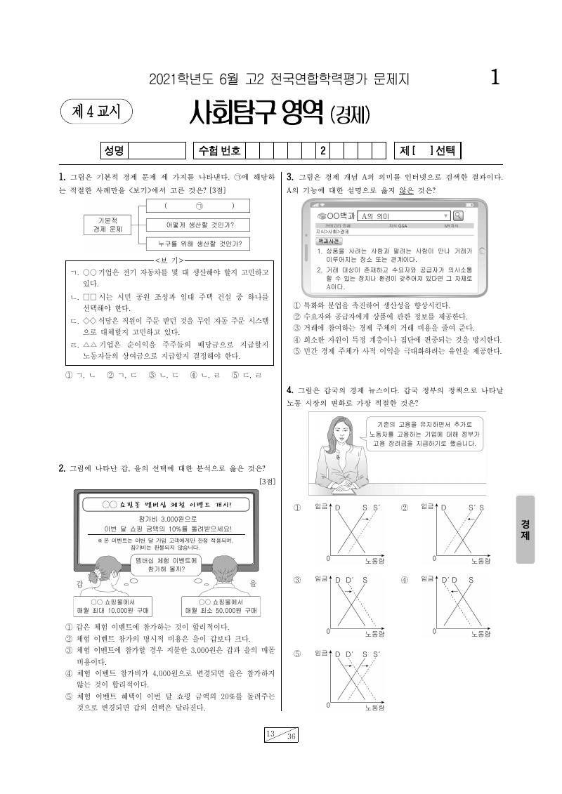 2021년 6월 고2 학력평가 경제 시험지 첫 페이지