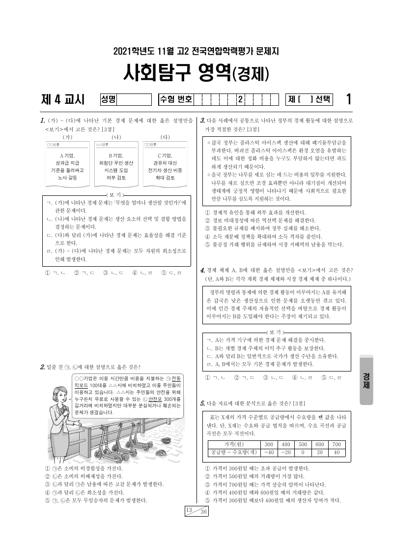 2021년 11월 고2 학력평가 경제 시험지 첫 페이지