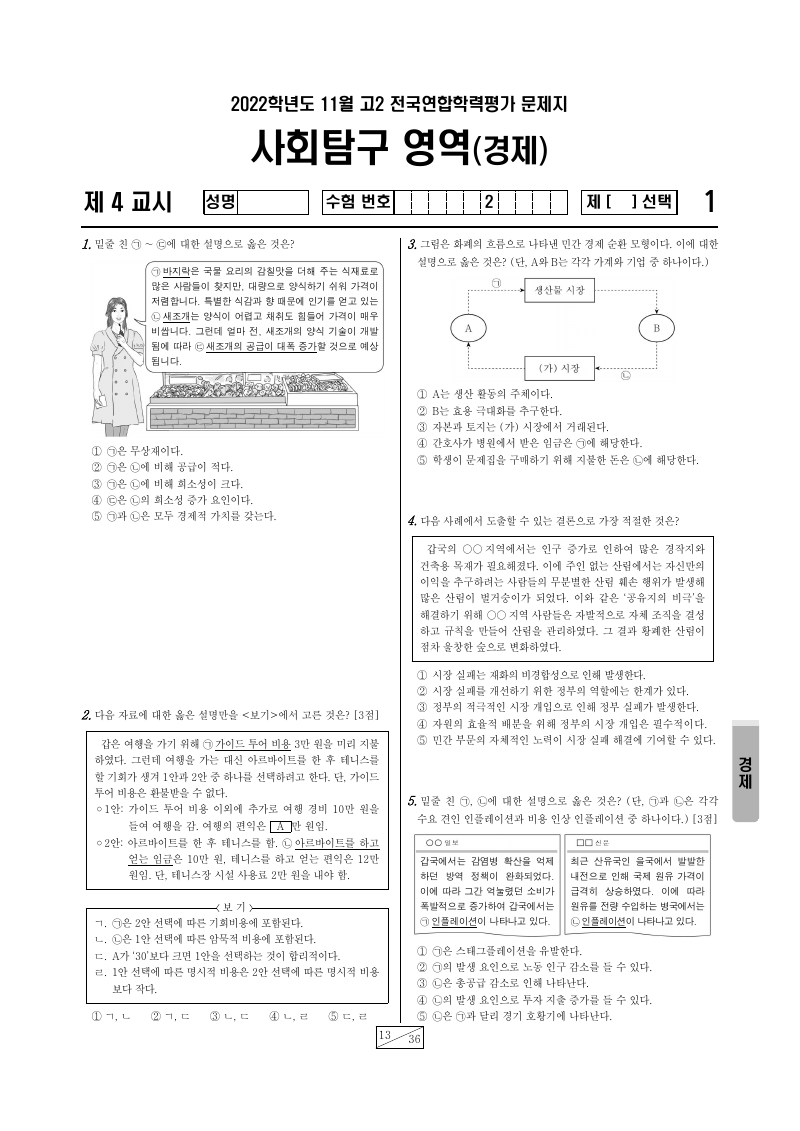 2022년 11월 고2 학력평가 경제 시험지 첫 페이지