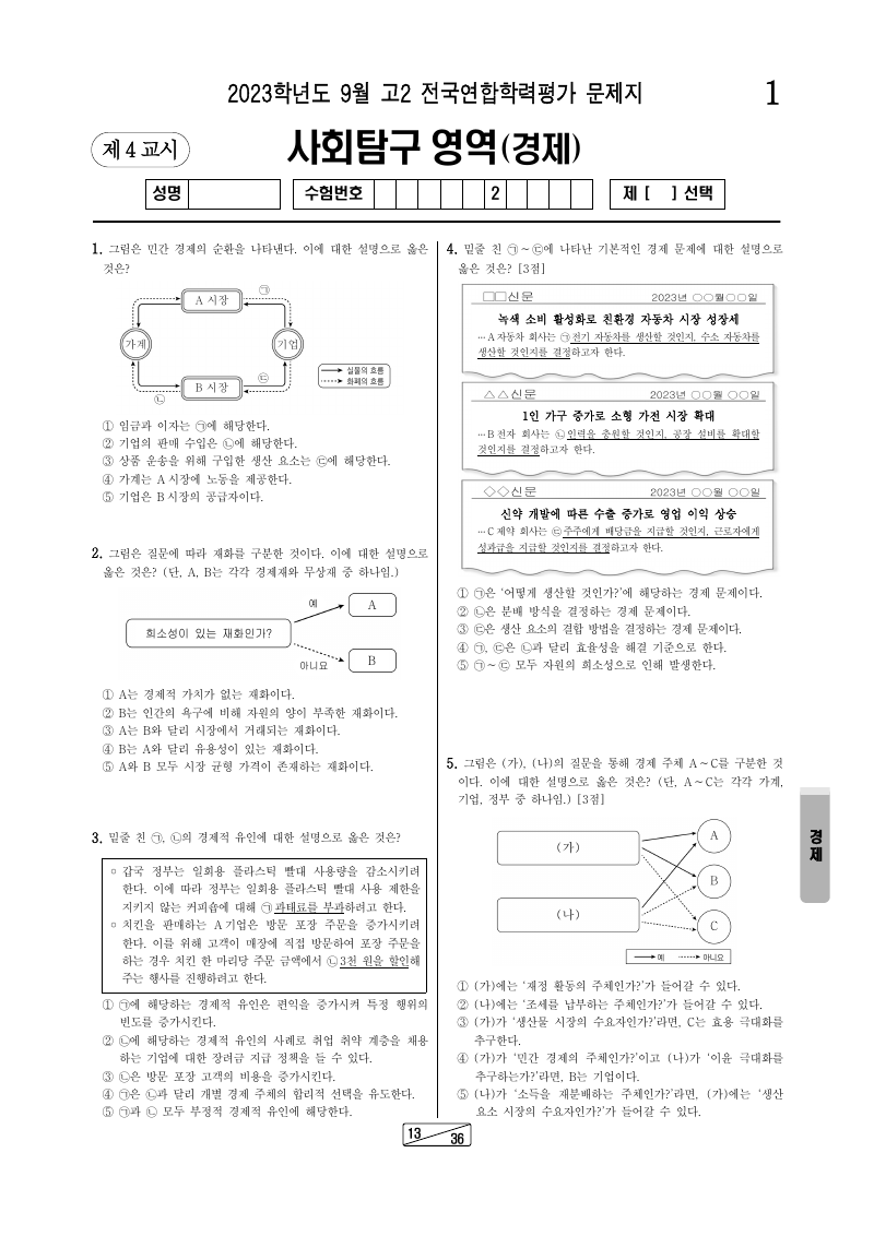 2023년 9월 고2 학력평가 경제 시험지 첫 페이지