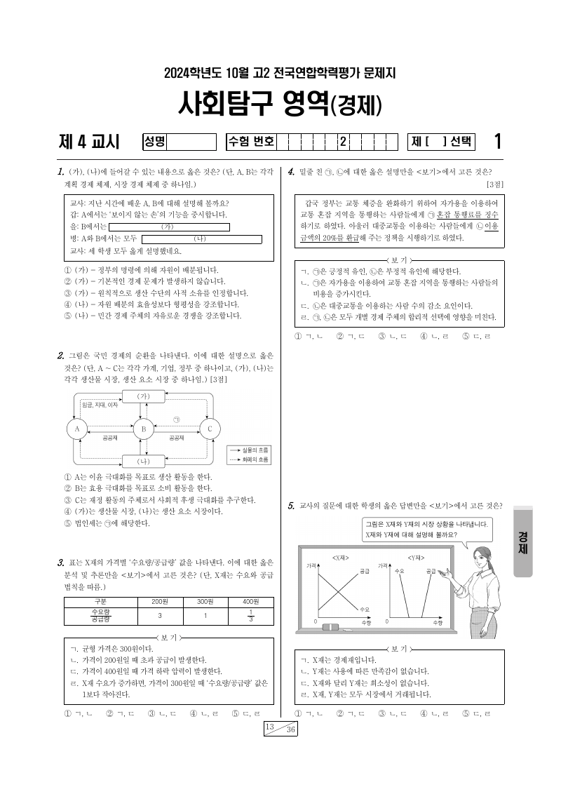 2024년 10월 고2 학력평가 경제 시험지 첫 페이지