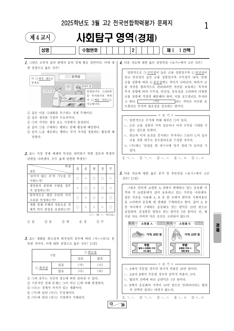2025년 3월 고2 학력평가 경제 시험지 첫 페이지